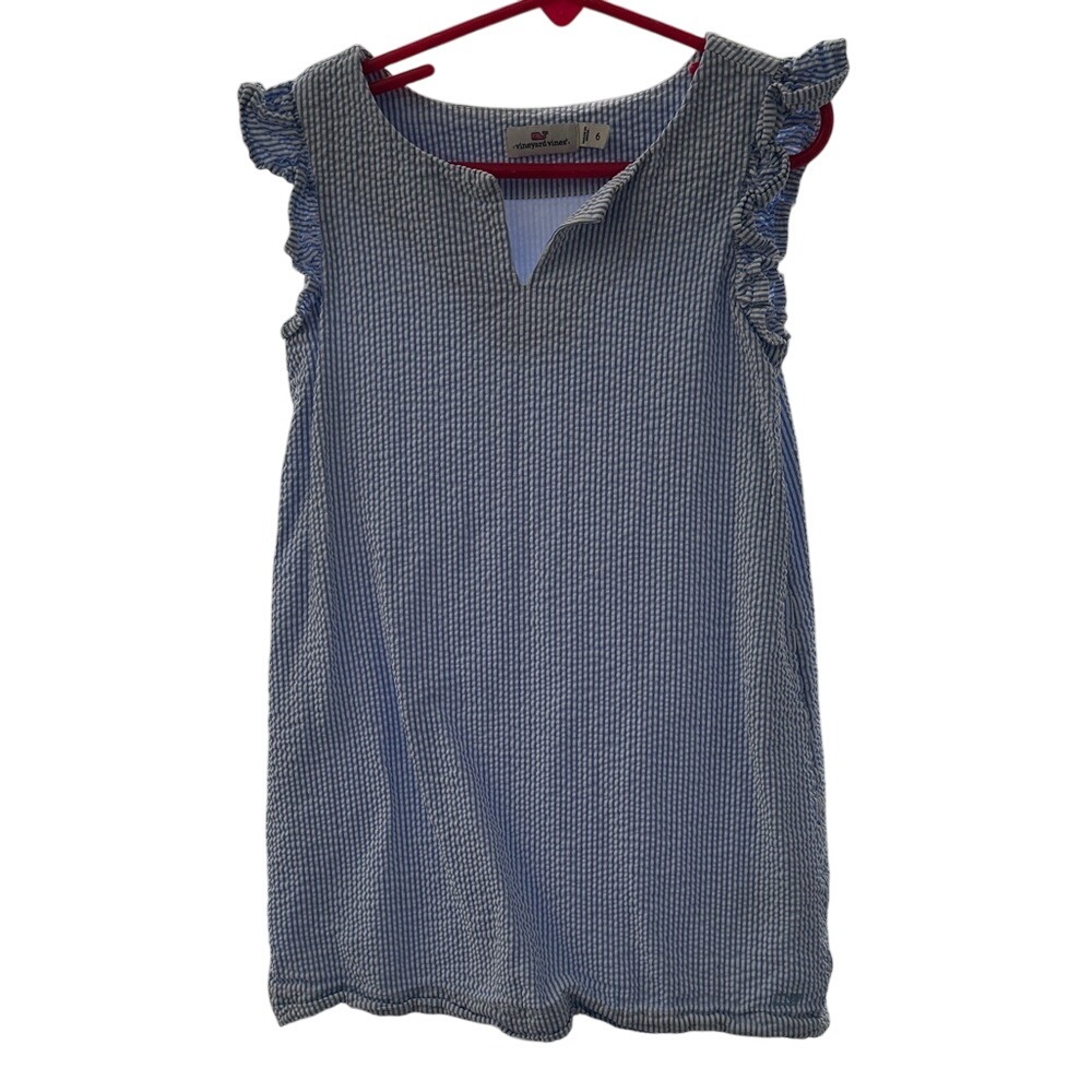 Vineyard Vines Kids Blue White‎ Seersucker Ruffle Sleeve Dress Size 6